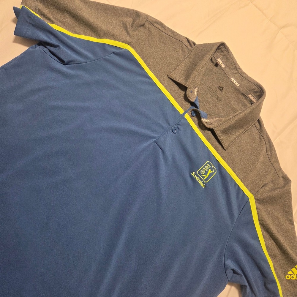 Adidas TPC Scottsdale Golf Polo Mens Large Blue Gray Colorblock Short Sleeve